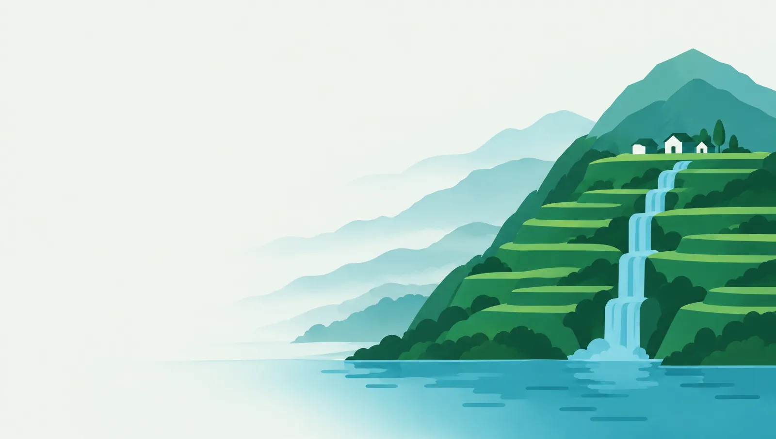 A terraced green mountain with a waterfall stepping down into a lake, and a small village on top